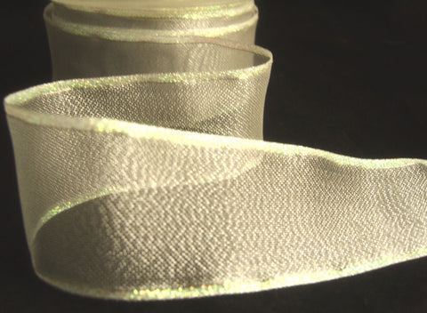 R1231 38mm Silver Metallic Mesh Ribbon with Iridescent Borders. Wire Edge