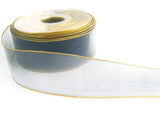 R1248 40mm Moonlight Blue Water Resistant Sheer Ribbon with Metallic Gold Borders.
