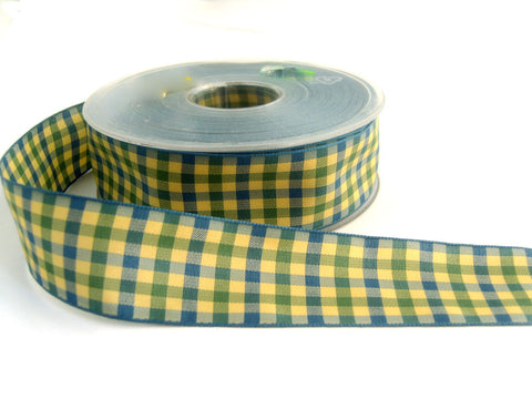R1255 26mm Yellowy Cream, Blues and Green Gingham Check Ribbon