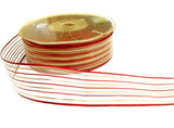 R1268 27mm Sheer Ribbon with Thin Metallic Gold  and Red Stripes