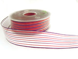 R1269 27mm Sheer Ribbon with Thin Metallic Purple and Red Stripes
