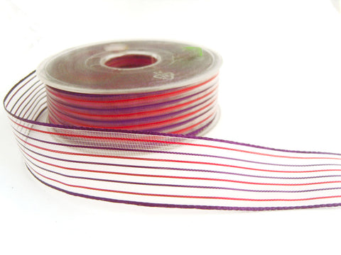 R1269 27mm Sheer Ribbon with Thin Metallic Purple and Red Stripes