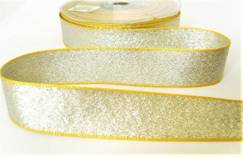R1278 23mm Metallic Silver Textured Lame Ribbon with Yellow Borders