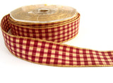 R1314 25mm Wine and Cream Gingham Ribbon with Thin Metallic Stripes