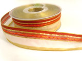 R1452 26mm Honey Gold Sheer Ribbon with Rust and Gimp Stitch Stripes