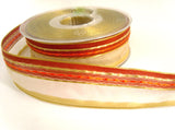 R1452 26mm Honey Gold Sheer Ribbon with Rust and Gimp Stitch Stripes