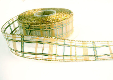 R1522 25mm Metallic Gold, Cream and Cream Sheer Tartan Ribbon
