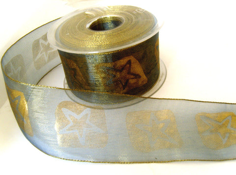 R1558 50mm Blue and Metallic Bronze Shot Mesh Ribbon, Gold Star Print