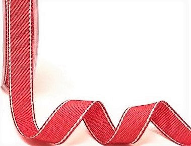 R1715 15mm Red-White Soft Denim Retro Stitch Edge Ribbon, Berisfords