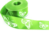R1750 40mm Green Satin with White Embossed Butterfly Ribbon, Berisfords
