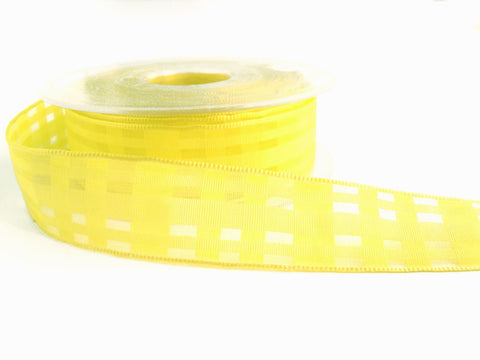 R2037 25mm Lemon Sheer and Fine Grosgrain Check Ribbon.Wire Edged