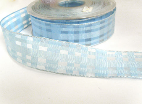 R2040 25mm Cornflower Blue Sheer Check Ribbon. Wire Edge