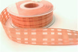 R2042 25mm Apricot Sheer and Fine Grosgrain Check Ribbon. Wire Edge