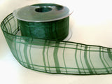 R2048 40mm Misty Holly Green Sheer Check Ribbon. Wire Edge