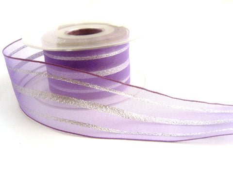 R2116 41mm Pale Purple Sheer Ribbon with Silver Metallic Stripes