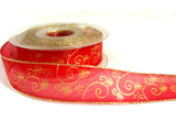 R2149 27mm Red Translucent Polyester Ribbon, Metallic Gold Print