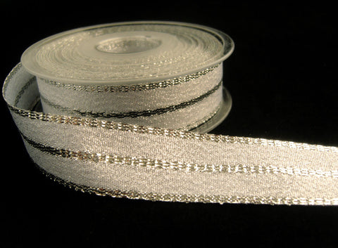 R2159 25mm White Satin and Metallic Silver Shot and Striped Ribbon