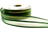 R2756  26mm Forest Green Sheer, Satin and Gold Striped Ribbon