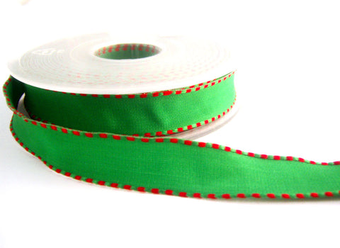 R2757 16mm Green Ribbon with Red Banded Borders, Wire Edged