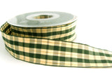 R2769C 26mm Green and Cream Tartan Ribbon, Thin Metallic Gold Stripes