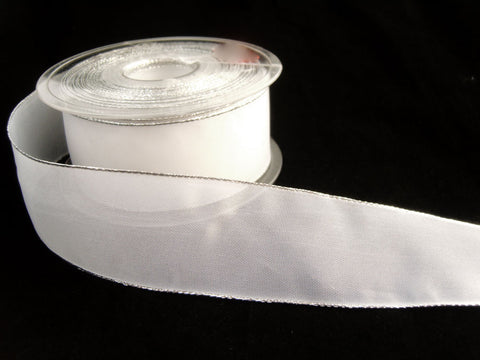 R9112 40mm White Water Resistant Sheer Ribbon with Metallic Borders.