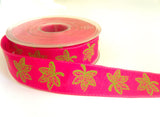 R2822 25mm Shocking Pink Polyester Ribbon with a Green Leaf Print