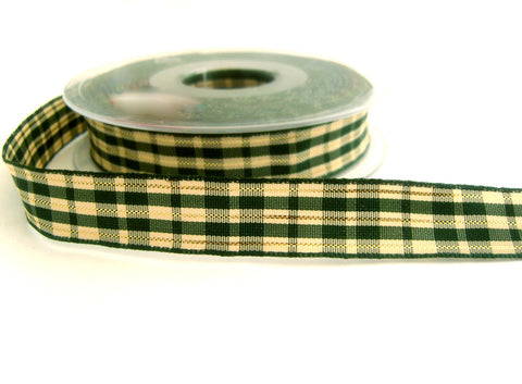 R2830 15mm Green and Cream Tartan Ribbon with Thin Metallic Gold Stripes