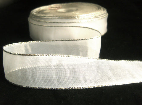 R2837 26mm White Translucent Polyester Ribbon, Metallic Silver Borders. Wire Edge