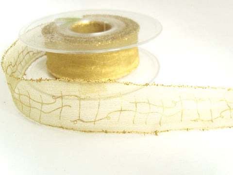 R3302 27mm Straw Super Sheer Ribbon with a Metallic Gold Print