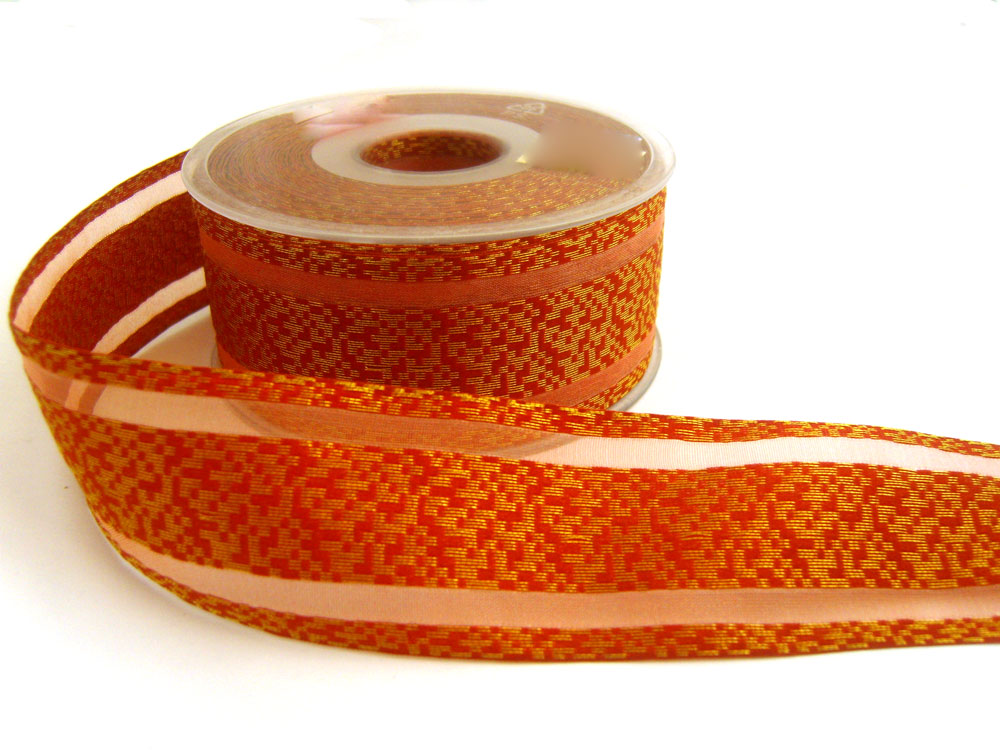 R3323 43mm Rust and Metallic Gold Woven Ribbon with Sheer Stripes ...