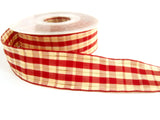 R3324 25mm Scarlet Berry and Cream Tartan Ribbon with Thin Metallic Gold Stripes