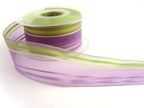 R3338 40mm Lilac, Orchid and Green Striped Sheer Ribbon.