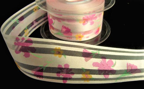R4294 40mm Pink Satin-Sheer Stripe Flowery Print Ribbon by Berisfords