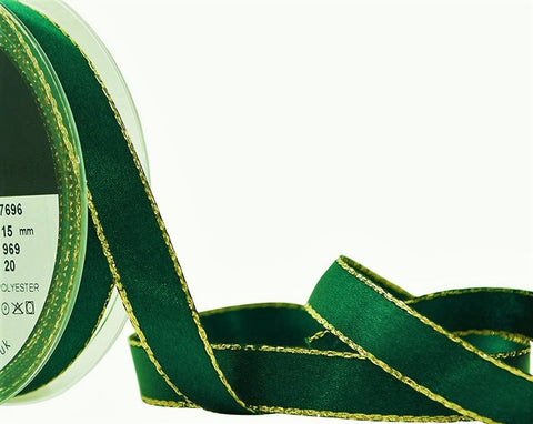 R4305 15mm Forest Green Metallic Gold Edge Satin Ribbon by Berisfords