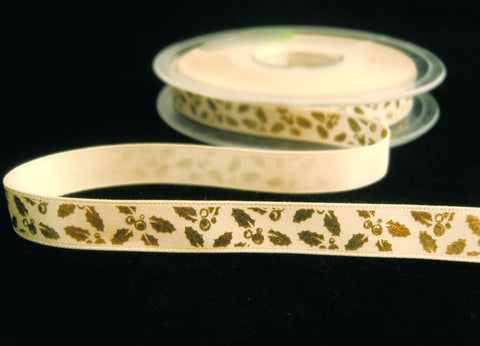 R4313 10mm Cream Satin Ribbon with a Metallic Gold Holly Print