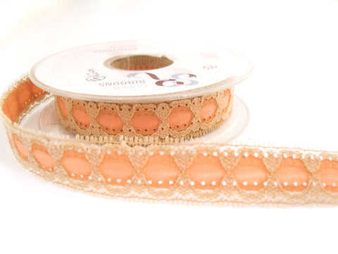R4406 20mm Beige Eyelet Lace over a Apricot Acetate Grosgrain Ribbon