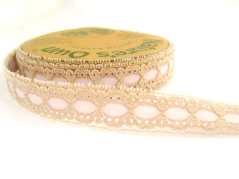 R4407 20mm Beige Eyelet Lace over a Helio Acetate Grosgrain Ribbon