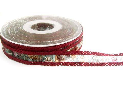 R4415 16mm Mixed Colour Flowery Lace Ribbon Burgundy Acetate Edges