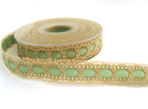 R4420 20mm Beige Eyelet Lace over Spearmint Green Acetate Grosgrain Ribbon