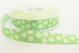 R4704 15mm Green-White-Yellow Daisy Print Satin Ribbon by Berisfords