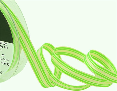 R5316 10mm Cream-Flo Green Neon Stripe Grosgrain Ribbon by Berisfords