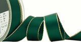 R5371 25mm Forest Green Double Face Satin Ribbon, Metallic Gold Edge