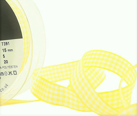 R5403 15mm Lemon-White Polyester Gingham Ribbon by Berisfords