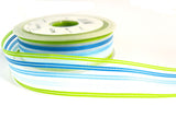 R5535 15mm Sheer Ribbon with Blues and Lime Green Stripes