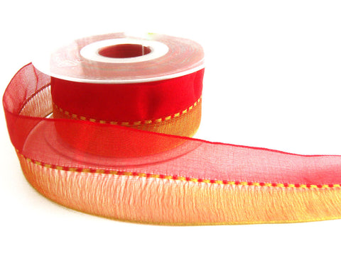R5578 40mm Red and Metallic Gold Shot Sheer Ribbon with a Gimp Stitch