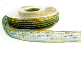 R5703 15mm Green and Cream Sheer Ribbon with Gold Metallic Stripes