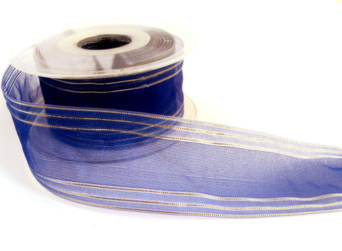 R5714 40mm Dark Royal Blue Sheer Ribbon with Metallic Gold Stripes