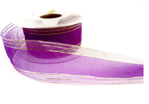 R5715 40mm Purple Sheer Ribbon with Metallic Gold Stripes