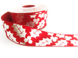 R6065 34mm Red Satin Ribbon-Metallic Silver Holly Print by Berisfords