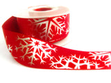 R6066 36mm Red Satin Ribbon with a Metallic Silver Snowflake Print